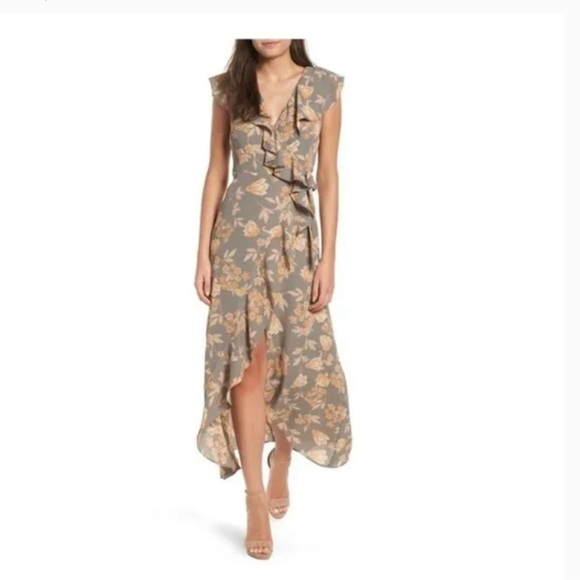 Nordstrom Leith Grey Floral Wrap Midi Dress High Low Ruffle Peach Flower Sz S - Picture 1 of 9